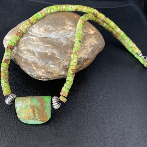 Navajo Green Gaspeite Turquoise Pendant | Sterling Silver | Authentic Native American Handmade | 13912