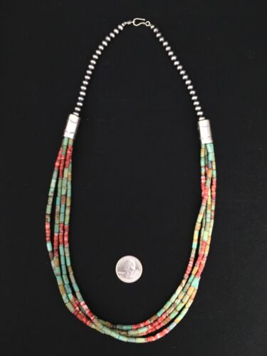 Royston Turquoise & Spiny Oyster Necklace | 4 Strand Navajo Sterling Silver | Authentic Native American Handmade | 4899