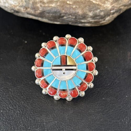 Zuni Sun Face Inlay Ring | Sterling Silver Coral Turquoise Onyx Mother of Pearl | Sz 6.5 | 14452 - Masha USA