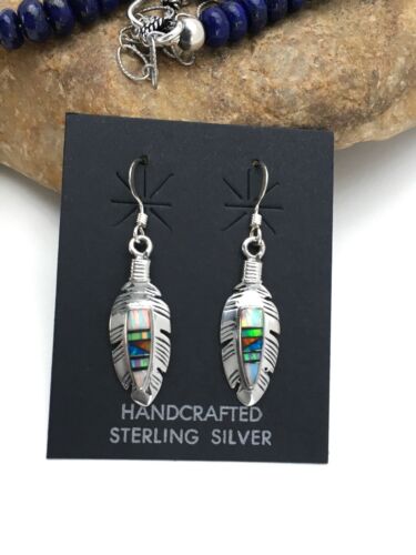 Navajo Opal Feather Multi-Color Lapis Pendant Necklace & Earring Set | Sterling Silver | Authentic Native American Handmade | 2771