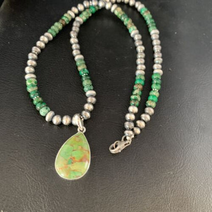 Navajo Pearls Green Mojave Turquoise Pendant Necklace | Sterling Silver | Native American Handmade | 13463