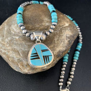 Navajo Inlay Blue Turquoise Onyx Pendant Necklace | Sterling Silver | Authentic Native American Handmade | 13656