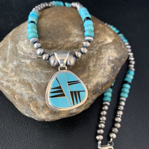 Navajo Inlay Blue Turquoise Onyx Pendant Necklace | Sterling Silver | Authentic Native American Handmade | 13656