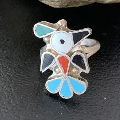 Zuni Peyote Bird Ring | Sterling Silver Coral Turquoise Onyx Mother of Pearl Inlay | Sz 5.5 | 10789