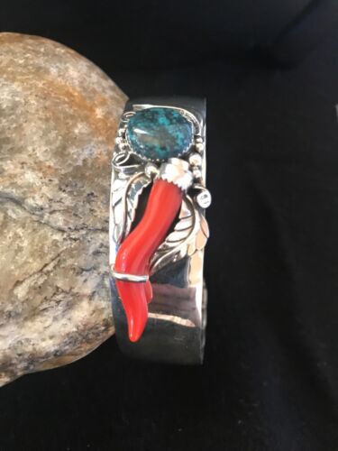 Navajo Spiderweb Turquoise & Coral Bracelet | Sterling Silver | Authentic Native American Handmade | 8366