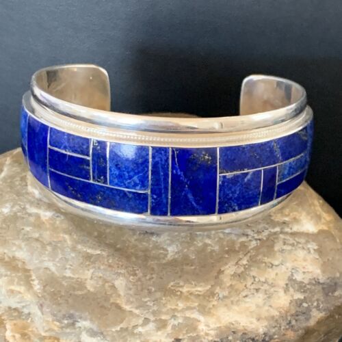 Native American Men's Navajo Blue Lapis Inlay Cuff Bracelet | Sterling Silver | 12233