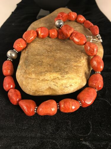 Navajo Apple Coral Sponge Bead Necklace | Sterling Silver | Authentic Native American Handmade | 22" | 8526