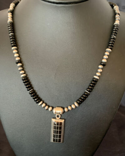 Navajo Black Onyx Inlay Pendant | Sterling Silver Necklace with Pearls | Authentic Native American Handmade | 12282