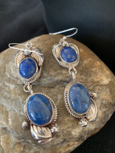 Native American Navajo Denim Lapis Dangle Earrings | Sterling Silver | 2" | 1679