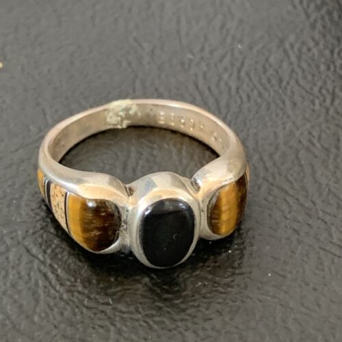 Navajo Black Onyx Coffee Tigers Eye Inlay Ring | Sterling Silver | Sz 8 | Authentic Native American Handmade | 10732