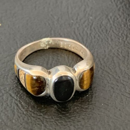 Navajo Black Onyx Coffee Tigers Eye Inlay Ring | Sterling Silver | Sz 8 | Authentic Native American Handmade | 10732 - Masha USA