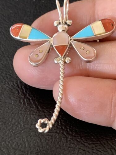 Zuni Turquoise Pink Mother of Pearl Inlay Dragonfly Necklace Pin Pendant | Sterling Silver | 12325