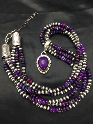 Navajo Pearls Sugilite Bead Necklace Pendant Set | 3-Strand Sterling Silver | 21" | 2885