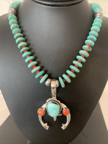 Navajo Sterling Silver Necklace | Blue Turquoise & Spiny Oyster Naja Pendant | Authentic Native American Handmade | 2060