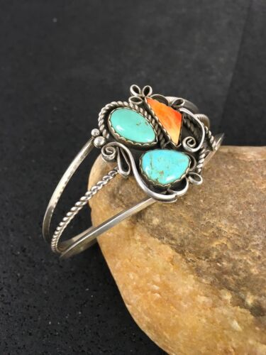 Navajo Spiny Oyster & Turquoise Bracelet | Sterling Silver | Authentic Native American Handmade | 8846