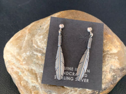 Old Pawn Southwestern Sterling Silver Dangle Feather Earrings | 1" | 12989