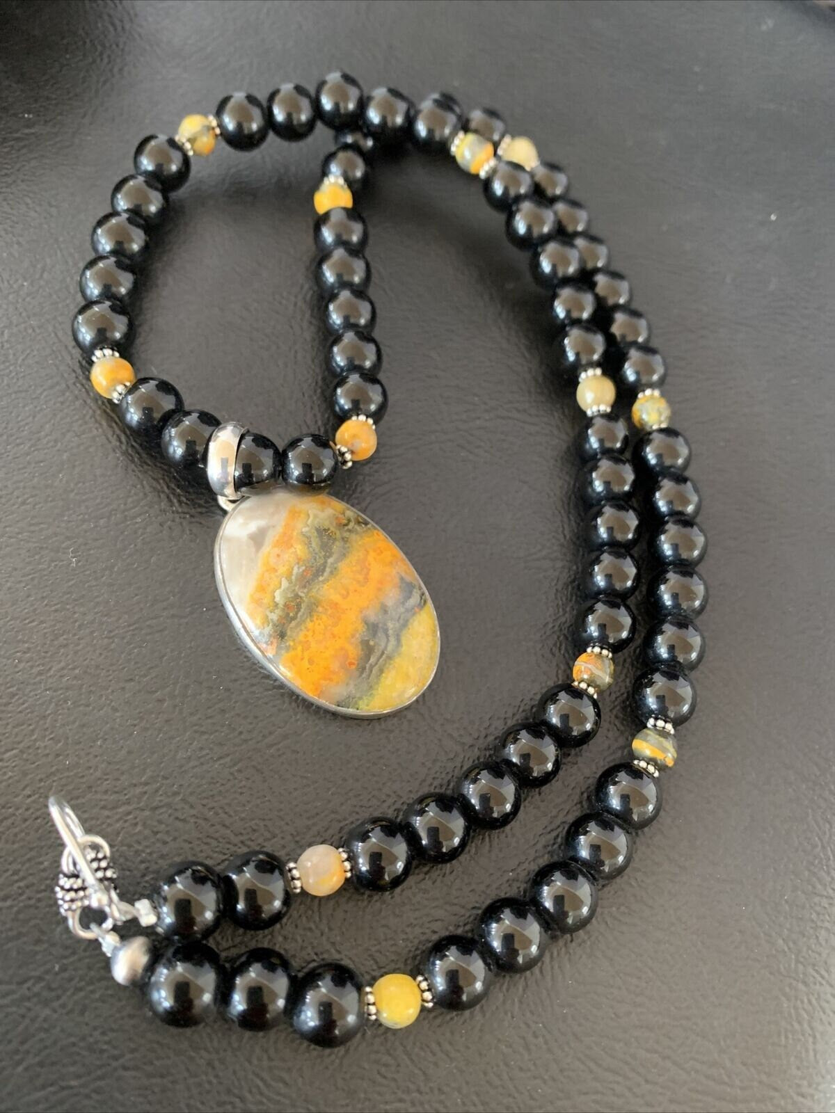 Men's Navajo Pearls Onyx Bumblebee Jasper Necklace Pendant | Sterling Silver | Native American Handmade | 10325