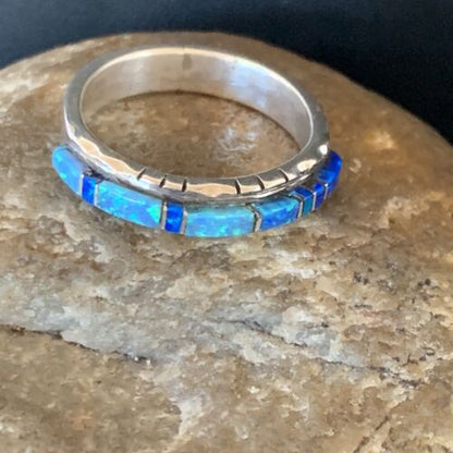 Navajo Blue Opal Inlay Ring | Sterling Silver | Sz 10.5 | Authentic Native American Handmade | Yazzie | 12963