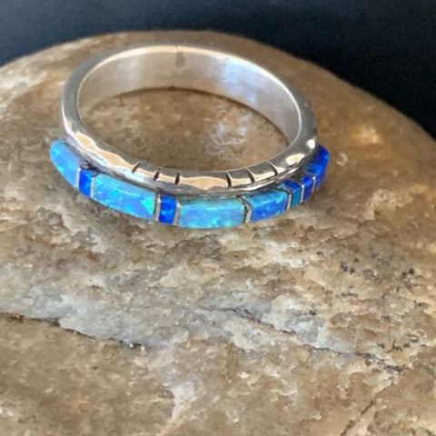 Native Navajo Sterling Silver Blue Opal Inlay Ring Size 10.5 Yazzie 12963