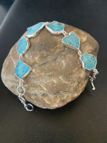 Navajo Blue Kingman Turquoise Rough Link Bracelet | Sterling Silver | 8" | 11648