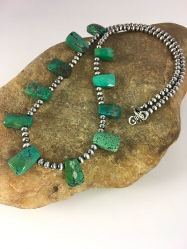 Navajo Faceted Teardrop Green Turquoise Necklace | Sterling Silver | 20" | Authentic Native American Handmade | 8867
