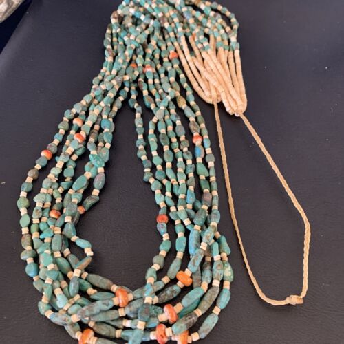 Native American Santo Domingo 7-Strand Necklace | Shell & Green Turquoise | 38" | 12051