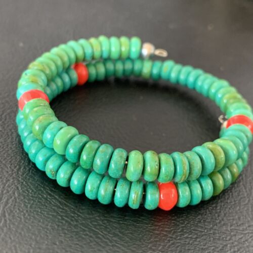 Navajo Coral Green Turquoise Bracelet | Stainless Steel Memory Wire | Authentic Native American Handmade | 13313