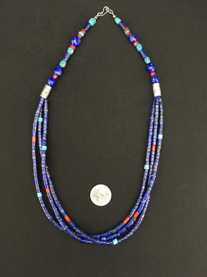 Southwestern Navajo Lapis Turquoise Necklace | 3-Strand | Sterling Silver | 24" | 1332