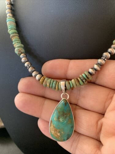 Navajo Green Turquoise Pendant Necklace | Sterling Silver | Authentic Native American Handmade | 11779