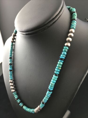 Native American Sterling Silver Necklace | Blue Turquoise & Onyx | 18" | 10027