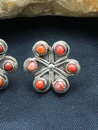 Native American Zuni Cluster Necklace and Coral Earrings Set | Sterling Silver | 0.6" | 1074
