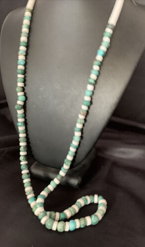 Authentic Native American Santo Domingo Necklace | Blue Turquoise & White Shell Beads | 34" | 13198