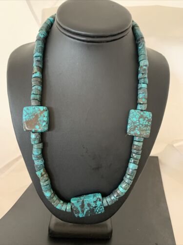 Native American Rustic Turquoise Nugget Heishi Bead Necklace | Sterling Silver | 22" | 01397