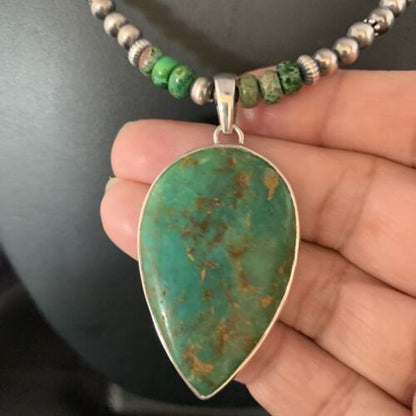 Navajo Pearl Green Turquoise Necklace Pendant | Sterling Silver | Authentic Native American Handmade | 13469