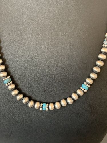 Authentic Native American Navajo Pearls Blue Turquoise Necklace | Sterling Silver Beads | Single Strand | 19" | 227