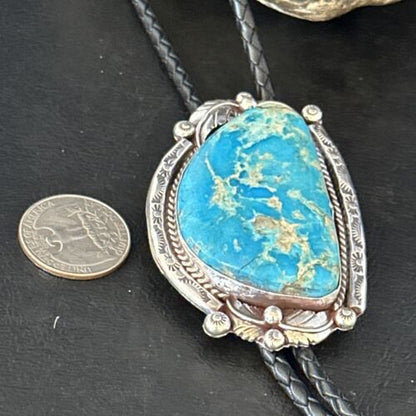 Navajo Blue Kingman Turquoise Bolo Tie | Sterling Silver | Authentic Native American Handmade | 14253