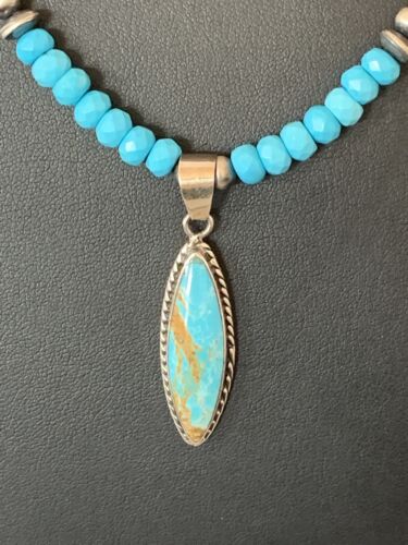 Navajo Blue Faceted Turquoise Pendant Necklace | Sterling Silver | Authentic Native American Handmade | 563 - Masha USA