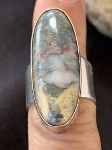 Southwestern Navajo Cinnabrite Ring | White Black | Sterling Silver | Sz 7.5 | 01559