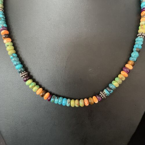 Navajo Blue Turquoise & Orange Spiny Oyster Necklace | Sterling Silver | 18" | 13433