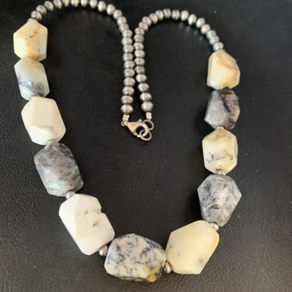Native American White Opal Bead Necklace | 21mm | Sterling Silver | Navajo Handmade | 21" | 13981