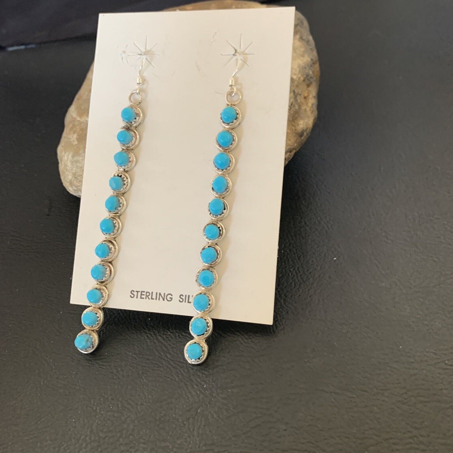 Navajo Green Turquoise Dangle Earrings | Sterling Silver | 3" Long | Authentic Native American Handmade | 12119