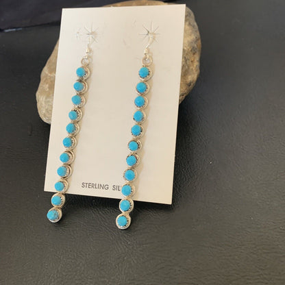 Navajo Green Turquoise Dangle Earrings | Sterling Silver | 3" Long | Authentic Native American Handmade | 12119