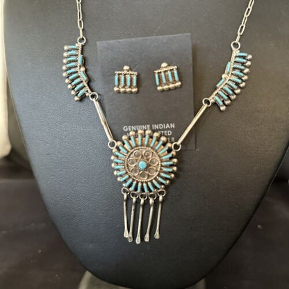 Zuni Kingman Turquoise Needle Point Necklace Pendant Earrings Set | Sterling Silver | Native American Handmade | 14488