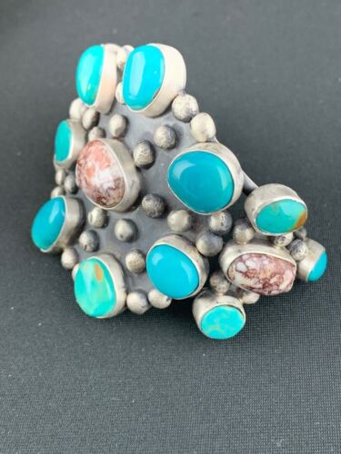Men's Blue Turquoise Wild Horse Cuff Bracelet | Sterling Silver | Navajo Handmade | 4228 - Masha USA