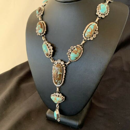 Navajo Blue Turquoise Lariat Necklace | Sterling Silver | Authentic Native American Handmade | 11468