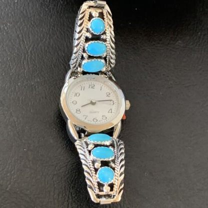 Navajo Sterling Silver Watch Tips | Blue Kingman Turquoise Band | Authentic Native American Jewelry | 11640