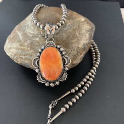 Navajo Pearls Necklace with Orange Spiny Oyster Pendant | Sterling Silver | Authentic Native American Handmade | 11300