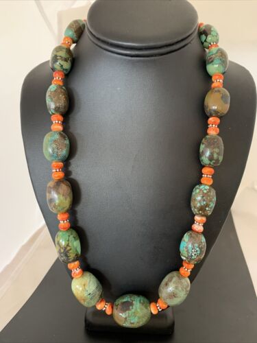 Navajo Green Turquoise & Orange Spiny Oyster Necklace | Sterling Silver | 23" | Authentic Native American Handmade | 1847
