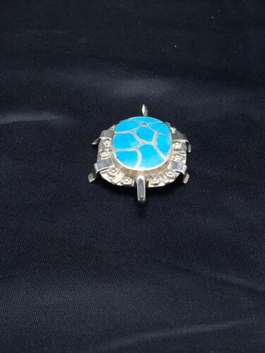 Authentic Native American Zuni Sterling Silver Turtle Pin Pendant | Blue Turquoise | Handmade | 2805