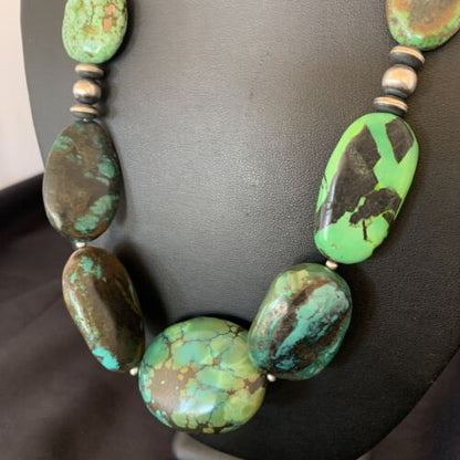 Navajo Sterling Silver Graduated Green Nugget Turquoise Necklace | Authentic Native American | 21" | 10724